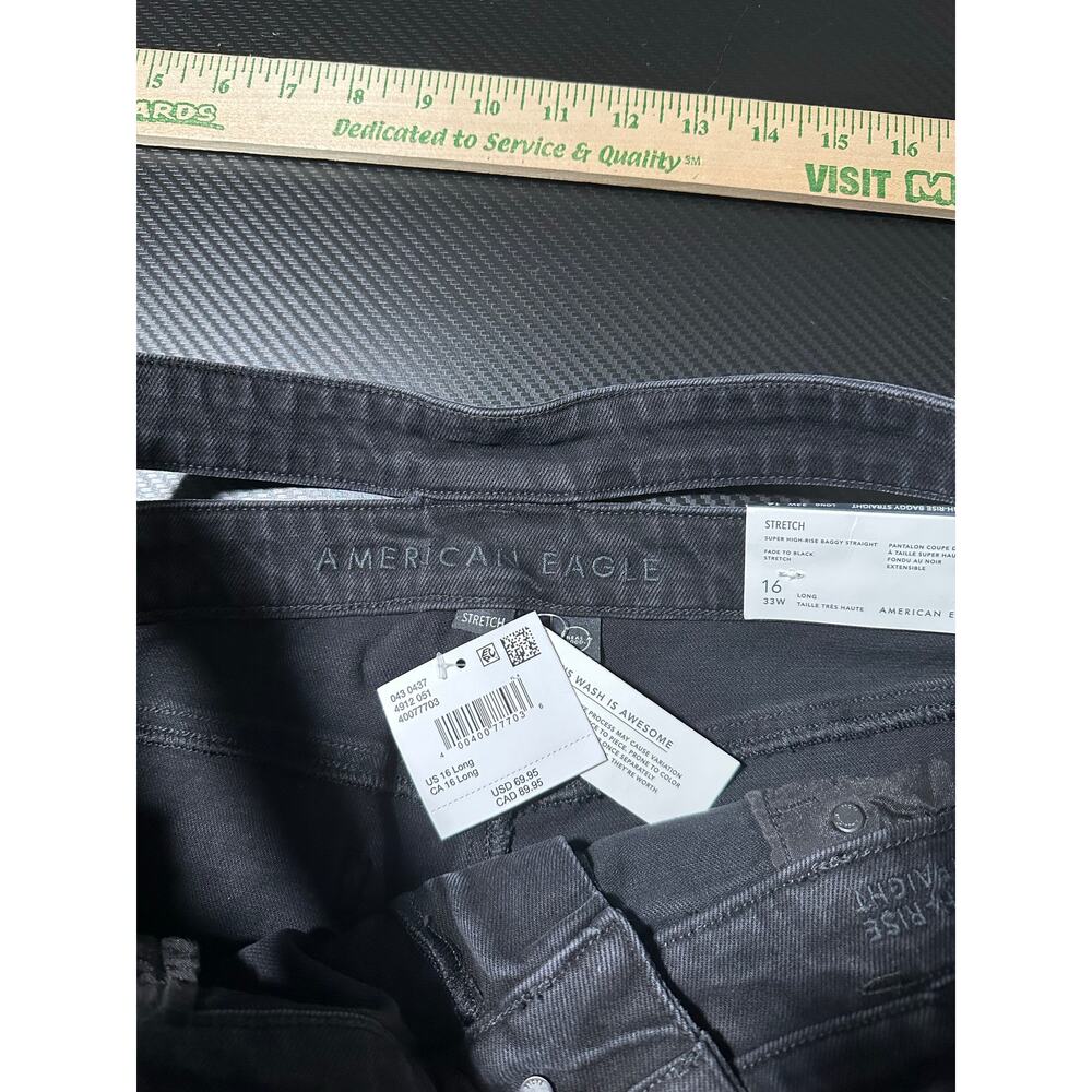 American Eagle Super High Rise Baggy Straight Cut Out Jeans Black Size 16 Long - Picture 3 of 16